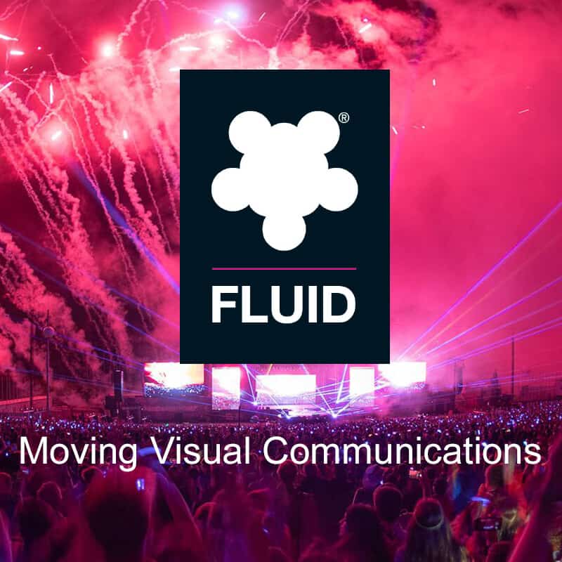 Fluid HD logo and image over a large crowd with light show