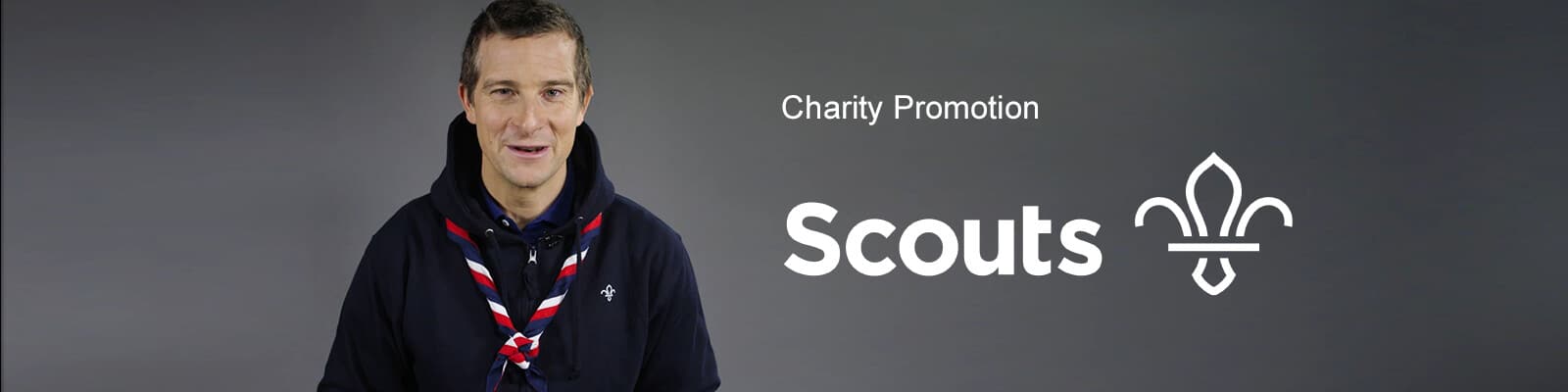 Charity promotion videos banner with Bear Grylls
